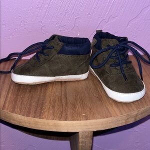 Olive Green Baby Shoes with Navy Accents